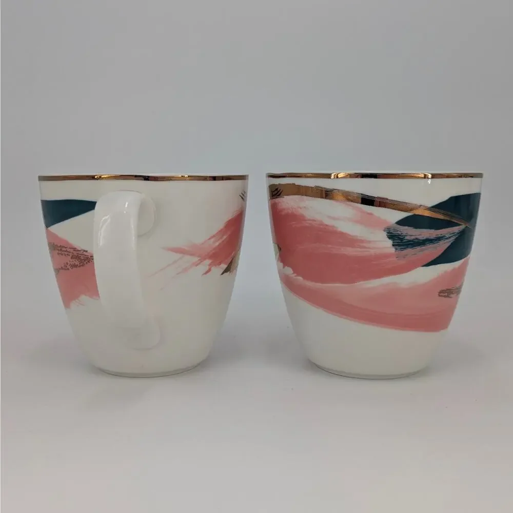 West Elm Ceramic Mug Set Abstract Brushstroke Teal Pink Gold Coffee Tea Cup